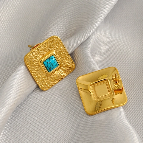 Vintage 18K Vergoldet Edelstahl Türkis Ohrstecker Gehämmert Quadratisch Sonnenrad Schmuck Für Damen