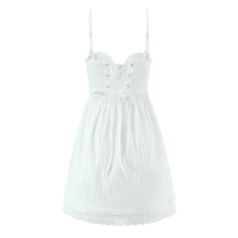 White Lace Mini Dress Eyelet Embroidery Corset Slip Style Back Lace Up Sweet Ruffle Summer Sun Dress Women