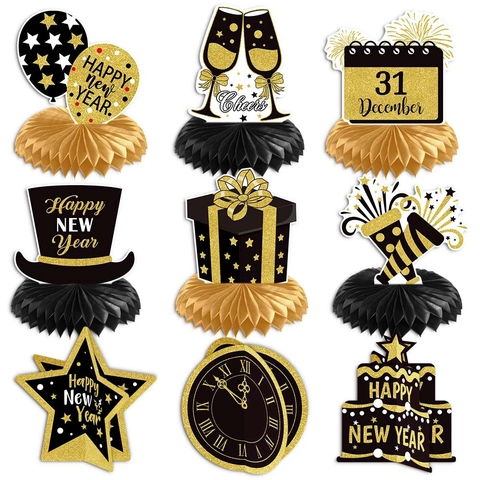 Décorations De Table En Nid D'Abeille Happy New Year Papier Carton Paillettes Décor De Bureau Pour Fête Thème Noir Or Rose
