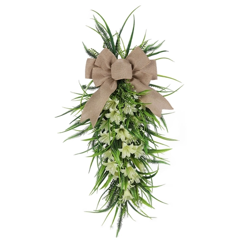 Artificial Lily Swag White Flowers Green Leaves With Burlap Bow For Easter Front Door Hanging Spring Home Decor
