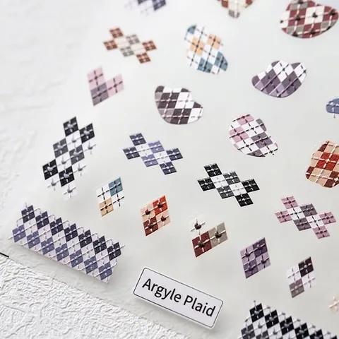 Argyle Plaid PET Nail Stickers Embossed Stereoscopic Self Adhesive Decals Retro British Style Nail Art Decor Women