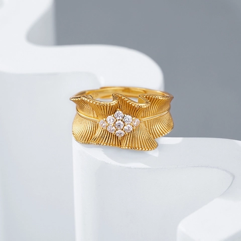 925 Sterling Silver Zirconia Adjustable Open Ring For Women Luxury Pleated Satin Skirt Edge Design Elegant Finger Jewelry