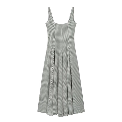 Vestido Midi De Cuadros Gingham Sin Mangas Cuello Cuadrado Cintura Alta Línea A Seersucker Estilo Vintage Mujer