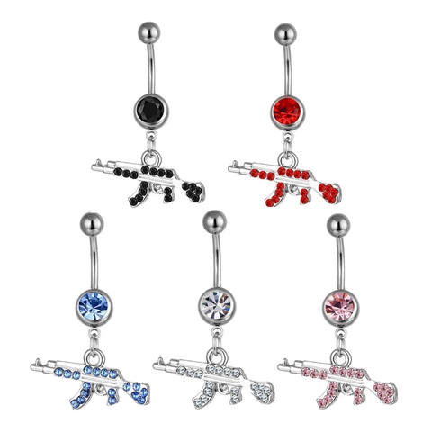Rhinestone Gun Pendant Belly Piercing Ring Surgical Steel Alloy Curved Barbell Navel Jewelry Punk Hip Hop Ornament