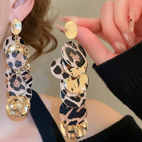 Leopard Print Round Disc Layered Drop Earrings With PU Leather Metal And 925 Sterling Silver Earring Post Vintage Bohemian