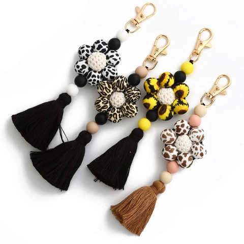 Porte-clés Gland Fleur Perlé en Silicone Bohème Fermoir en Alliage de Zinc Pendentif de Sac Imprimé Léopard Vache pour Femmes