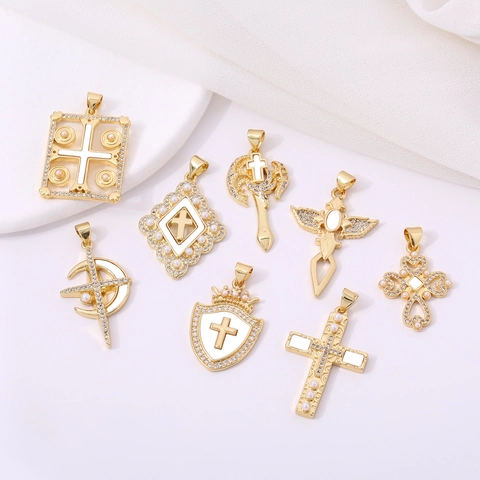 Cross Pendant Necklace Vintage Copper Gold Plated With Zircon And Artificial Pearl Religious Jewelry For Women