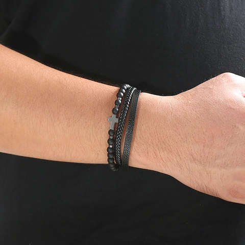 Men Multilayer Natural Stone Lava Rock Tiger Eye Braided Leather Bracelet Stainless Steel Cross Magnetic Clasp
