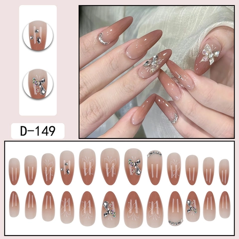 Press On Nails Long Almond Shape Butterfly Rhinestone 3D Gradient Nude Brown Artificial Fake Nails For Women Manicure