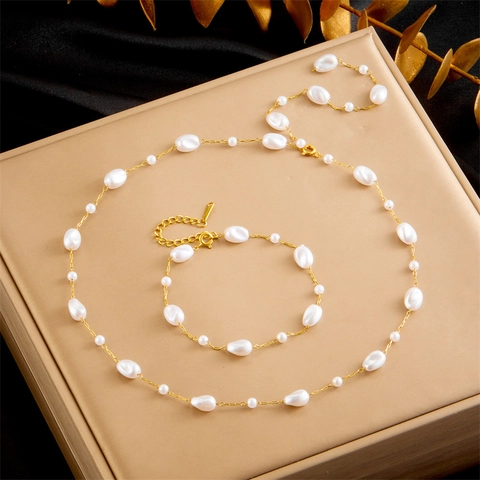 Collar Y Pulsera De Perlas Barrocas Artificiales Irregulares Acero Inoxidable Cadena Chapada En Oro Joyería Para Mujer Elegante