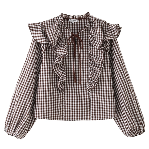 Blusa Gingham Vintage Da Donna In Cotone A Maniche Lunghe Con Volant E Fiocco Stile Retrò Francese Top Elegante