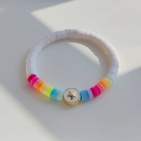 Bracelet Perles Eau Douce Naturelles Argile Polymère Heishi Chaîne Maillons Trombone Arc En Ciel Bijoux Bohème Femme