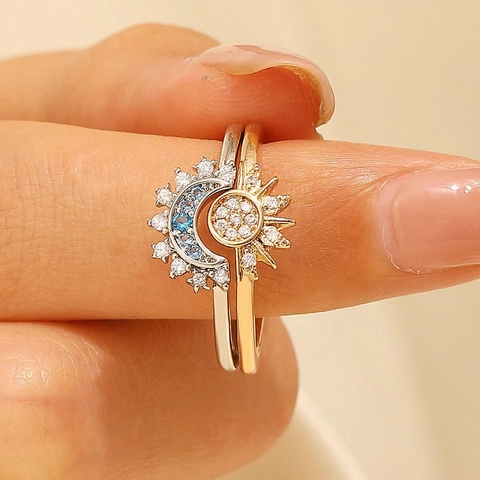 Sun Moon Celestial Stacking Rings Copper Zircon Inlaid Open Adjustable Jewelry For Women Couples