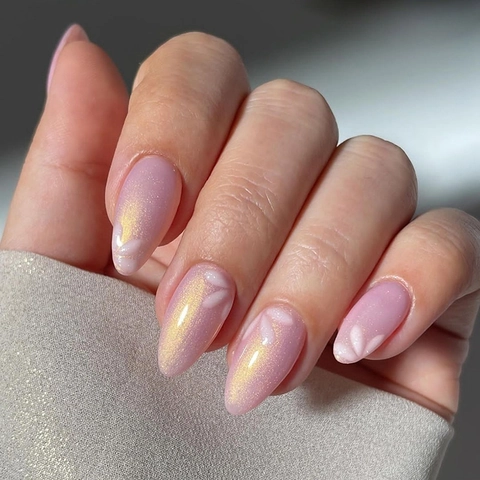 Pink Cat Eye Press On Nägel Kurze Mandelform Künstliche Nägel Mit Weißem Blumenmuster Glänzende Nail Art Für Frauen