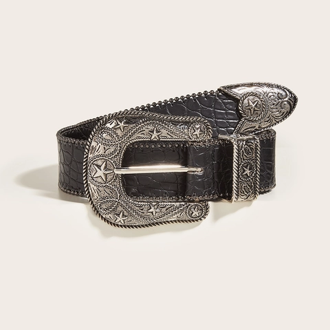 Western Vintage Gürtel Für Damen Schwarz PU Leder Krokodilmuster Mit Stern Geschnitzter Legierung Schnalle Amerikanischer Retro Stil
