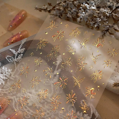 Adesivi Per Unghie 3D Rilievo Foglia D'oro Fuochi D'artificio Farfalle Retrò Francese Elegante Decalcomanie Per Donne