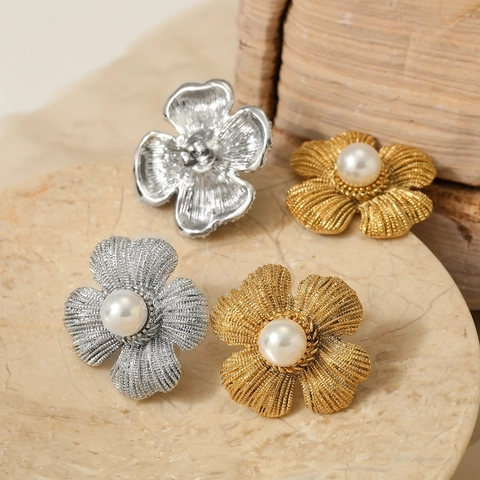 Pendientes De Botón Con Perla Artificial Y Flor Dulce Acero Inoxidable Pétalo Texturizado No Se Desvanece Joyería Vintage Elegante Para Mujer