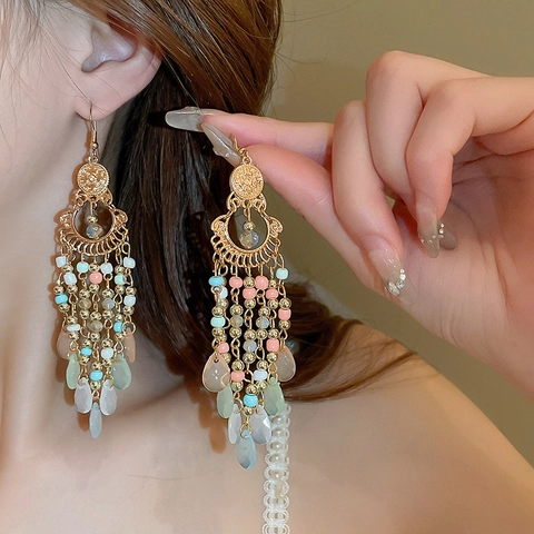 Pendientes Bohemios Étnicos De Cristal Cuentas De Arroz Con Borlas Gota De Agua Aleación Vintage Para Mujeres