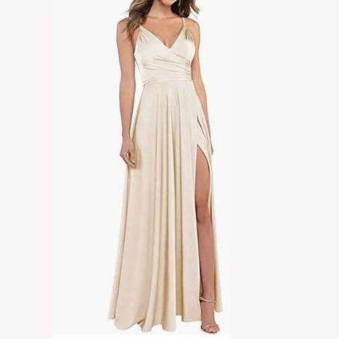 Women Satin Evening Dress Spaghetti Strap V-Neck High Slit Floor Length Backless Formal Prom Party Gown Ruched