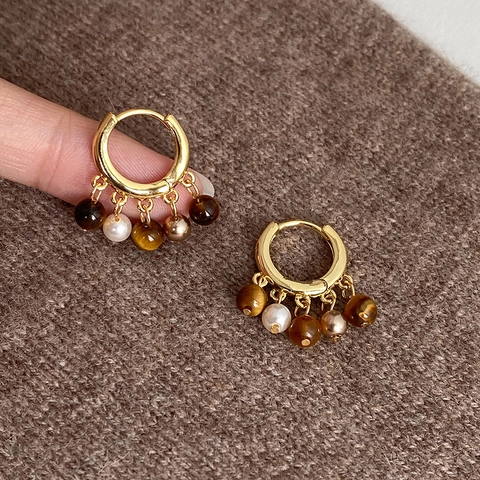 Pendientes De Aro Con Piedra Ojo De Tigre Y Perla Artificial Bañados En Oro De 18 Quilates Vintage Retro Elegantes Para Mujer