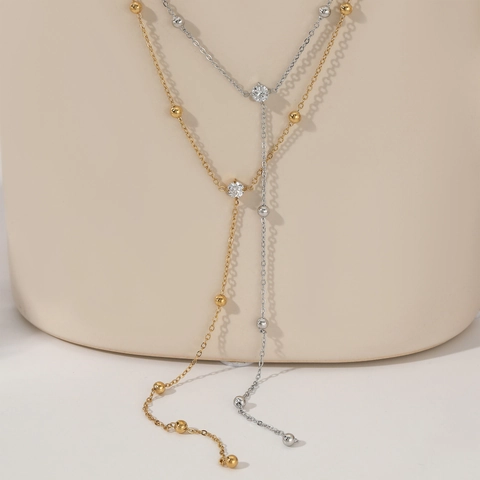 Y Shaped Long Pendant Necklace 304 Stainless Steel Beaded Chain With Round Zircon Minimalist Jewelry For Women
