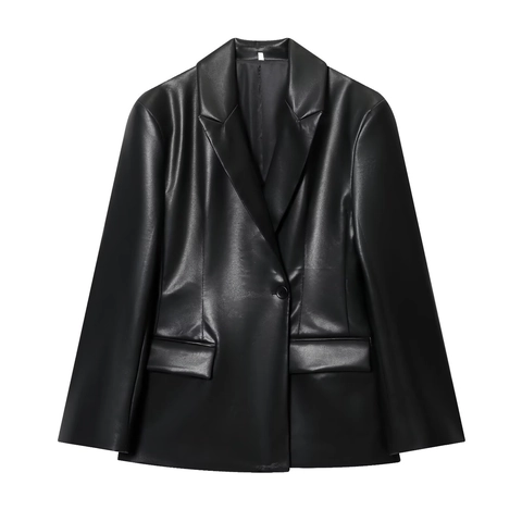 Chaqueta Blazer De Cuero Sintético Para Mujer Solapa Slim Fit Color Sólido Casual PU Moda De Exterior