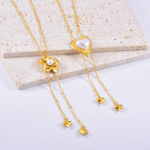 Stainless Steel Long Y-Shape Tassel Necklace Camellia Flower Heart Artificial Pearl Pendant Elegant Snake Bone Chain For Women