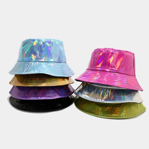 Holographischer Fischerhut PU Leder Glänzend Laser Hip Hop Streetwear Party Hut Für Herren Und Damen