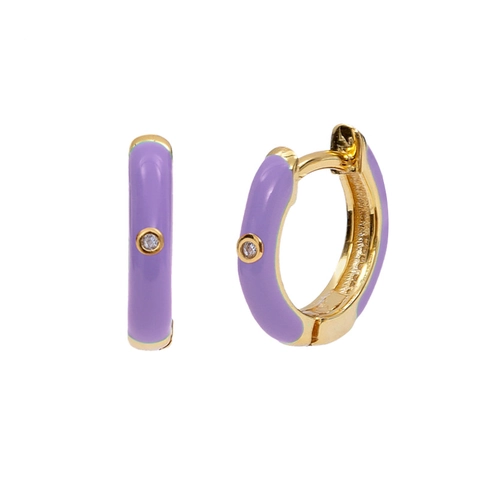 Purple Enamel Hoop Stud Earrings For Women With Zircon Gold Plated Vintage Elegant 925 Sterling Silver Earring Post