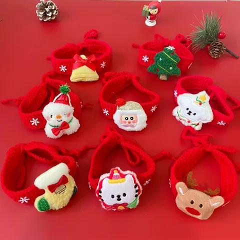 Christmas Pet Knitted Scarf Bandana Hand Crocheted Adjustable Dog Cat Collar Bib Cartoon Santa Snowman Reindeer Holiday