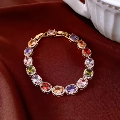 Multi Color Zirconia Tennis Bracelet Copper Gold Plated Oval Halo Vintage Jewelry For Women Elegant