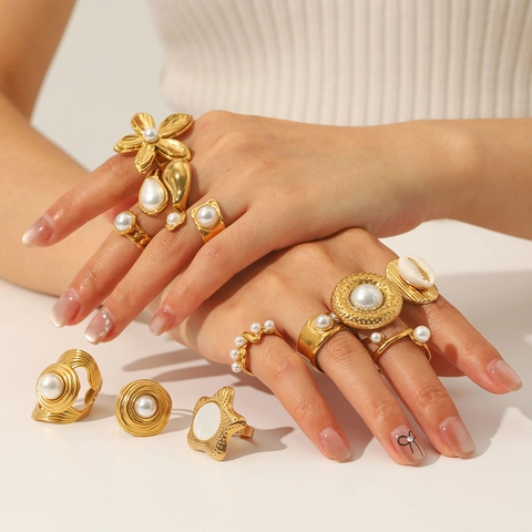 Stainless Steel Adjustable Open Ring Artificial Pearl Shell Inlay Waterproof Hypoallergenic French Vintage Texture Jewelry For Women
