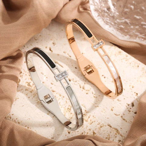 Bracciale Rigido in Acciaio al Titanio con Zirconia e Madreperla per Donna Gioielli Geometrici di Alta Classe Oro Rosa Argento