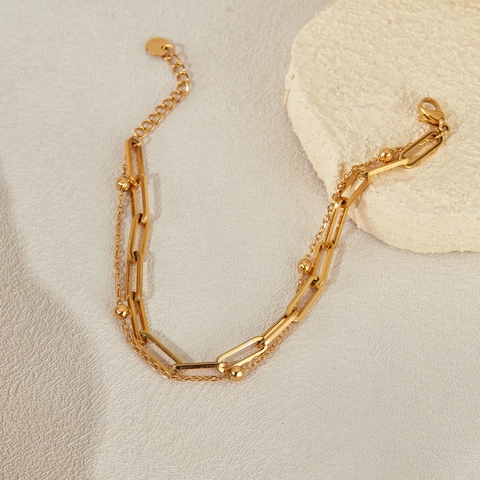 Double Layer Bracelet Stainless Steel Paperclip Link And Satellite Bead Chain Geometric Fashion Style For Women
