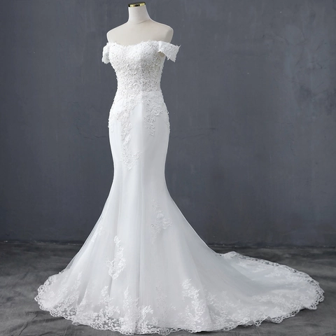 Mermaid Wedding Dress White Off-The-Shoulder Lace Embroidery Sequin Long Train Slim Fit Bride Formal Bridal Gown Mesh