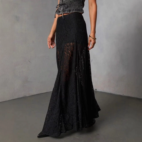 Zwarte Kant Maxi Rok Met Zijsplit Middelhoge Taille Transparante Elegante Streetwear Stijl Voor Dames