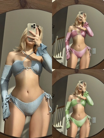 Bikini Brillante Top Braguita Y Mangas Halter Anillo Redondo Lazos Laterales Traje De Baño Playa Sexy Y2K Mujeres
