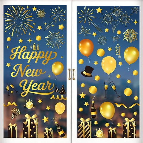 Pegatinas de Ventana Feliz Año Nuevo PVC Estático Oro Negro Fuegos Artificiales Champaña Calcomanías de Vidrio Decoración