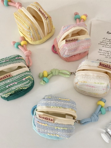 Mini Coin Purse Woven Tweed Fabric Earphone Storage Bag Zipper Closure Colored Bead Lanyard Portable Simple Square Case
