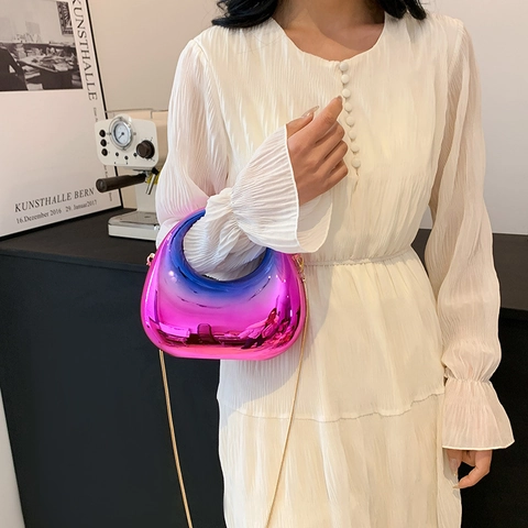Women Evening Bag Acrylic Half Moon Mirror Finish Shell Shape Banquet Party Handbag With Metal Chain Strap