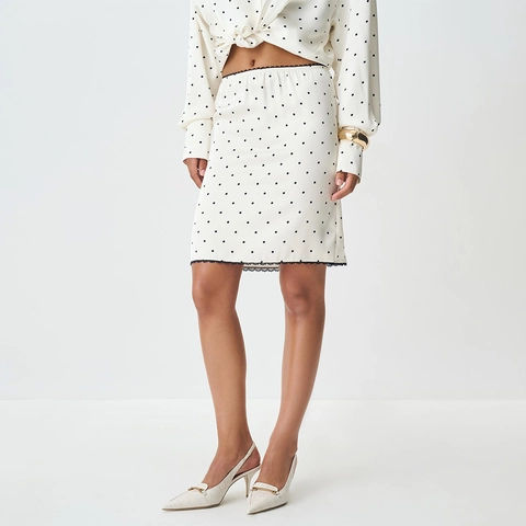 Polka Dot Minirock Hohe Taille Satin Spitzenbesatz Saum Schmale Passform Elegant Streetwear Damen Mode Polyester Spandex