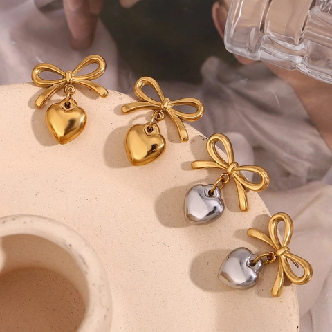 Bowknot Heart Dangle Earrings Stainless Steel 18K Gold Plated INS Chic Elegant Sweet Jewelry For Women