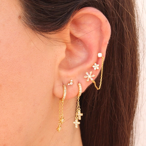 Orecchini A Bottone Floreali Con Perno In Argento 925 Sterling Rame Zirconia Doppio Foro Catena Gioielli Per Donne
