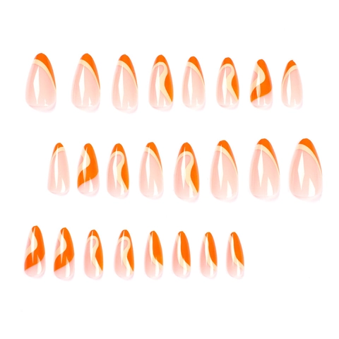 Unghie Finte Forma Mandorla Arancione Motivo A Onde Francesi Lucide Punte Per Unghie Da Donna Elegante Minimalista