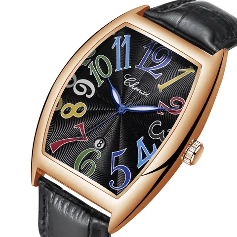 Men Quartz Watch Tonneau Alloy Case Leather Strap Calendar Luminous Waterproof Business Casual Wristwatch