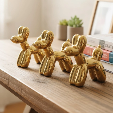 Statuetta Cane Palloncino In Ceramica Galvanizzata Oro Scultura Arte Moderna Ornamento Scrivania Arredamento Casa Lusso