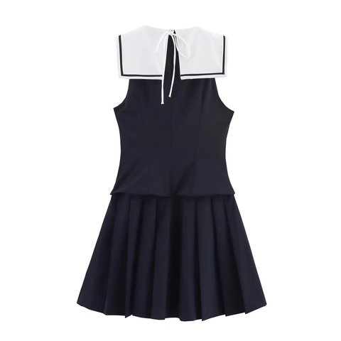 Women Sailor Collar Sleeveless Pleated Mini Dress Preppy Style Contrast Color Bow Back A-Line Short Dress Streetwear