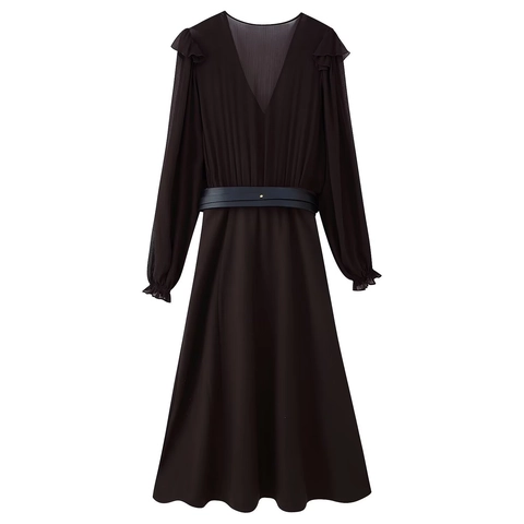 Women Chiffon Maxi Dress Ruffle V Neck Long Sleeve Belted Pleated Solid Color Elegant Ladies Gown