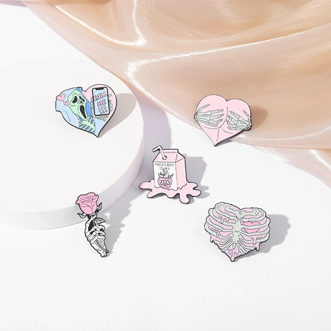 Broche de Aleación de Esqueleto Rosa Pin de Esmalte Ghostface Caja de Leche Corazón Gótico Insignia para Decoración de Ropa Mochila Joyería Regalo