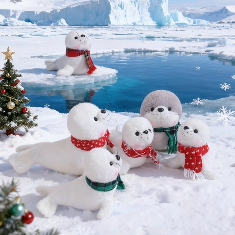 Seal Plush Toy Sea Lion Stuffed Animal Soft Short Plush With Scarf Christmas Winter Decor Cute Gift Kids Adults